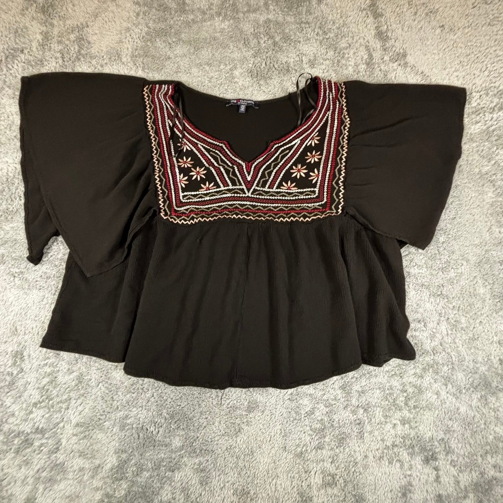 One Clothing Los Angeles Black Embroidered Boho Flutter Sleeve Peasant Top 3X